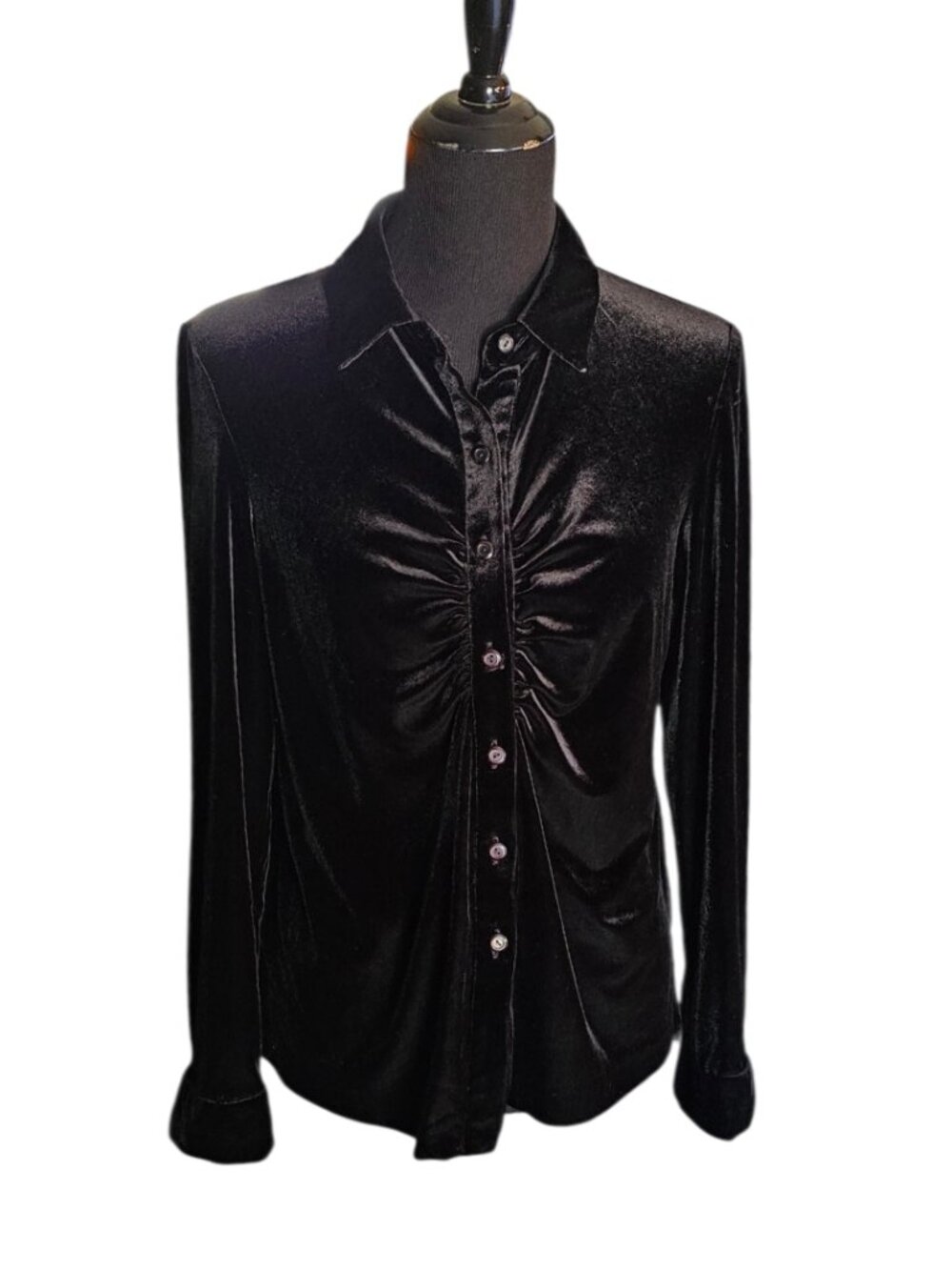 Vintage Sarah B Studio Black Velvet Ruched Button Front Blouse Made USA